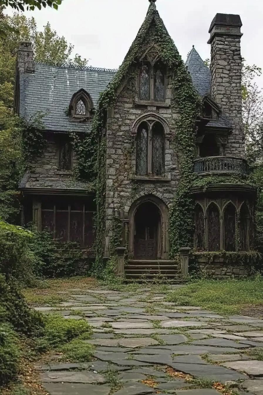 gothic stone vampire house overgrown with vines stone paved yard 1