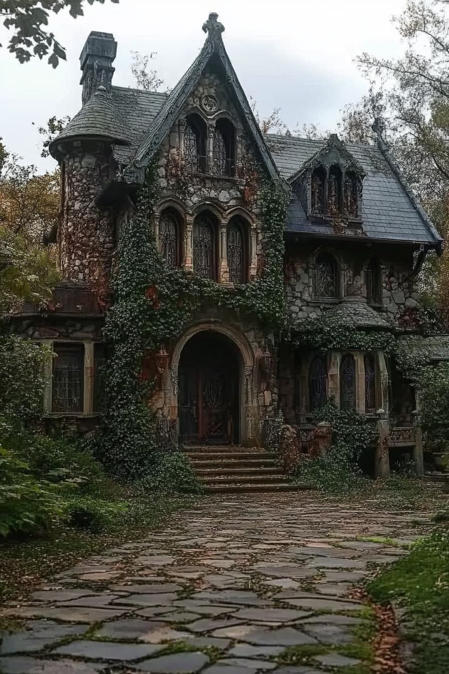 gothic stone vampire house overgrown with vines stone paved yard 2