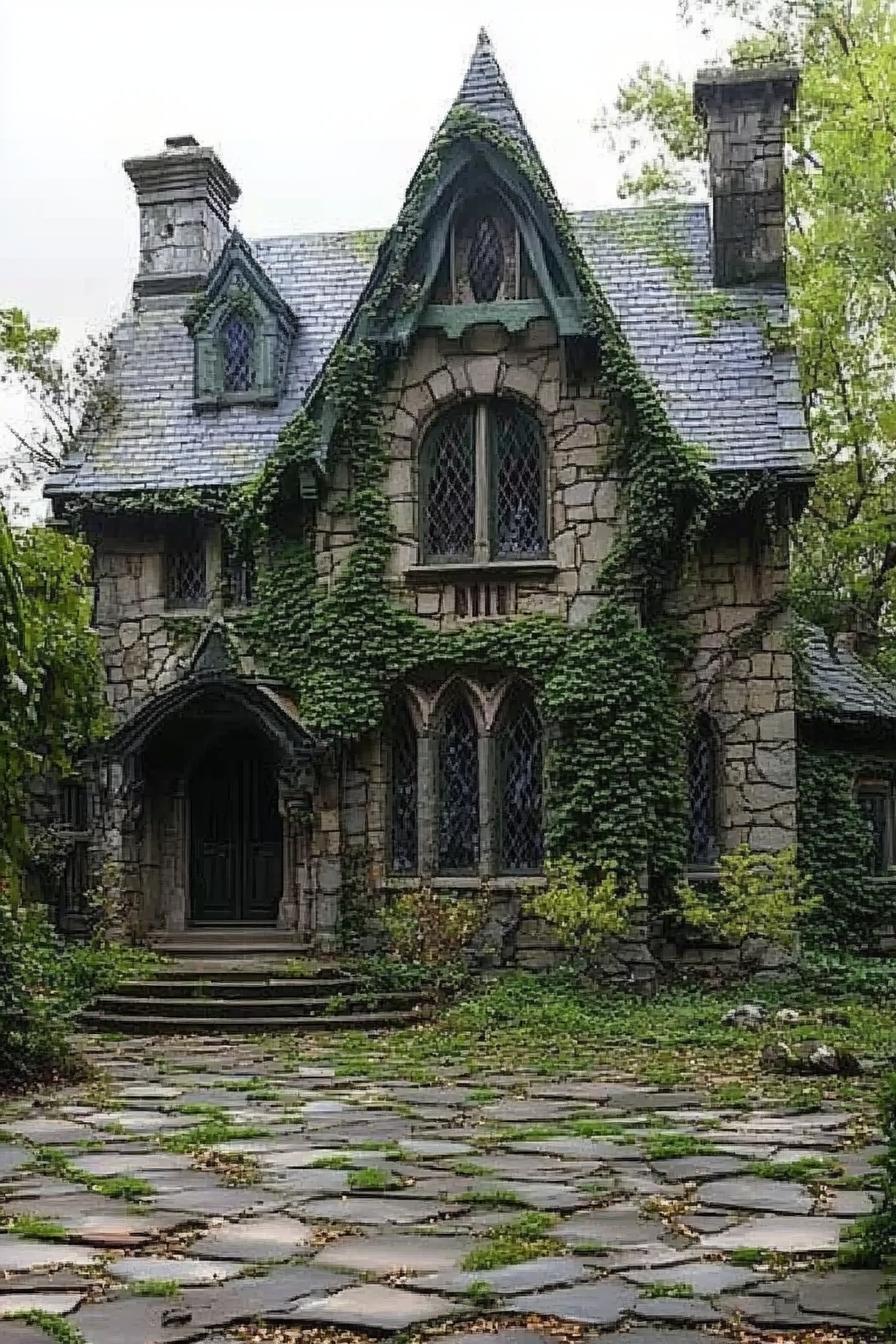 gothic stone vampire house overgrown with vines stone paved yard