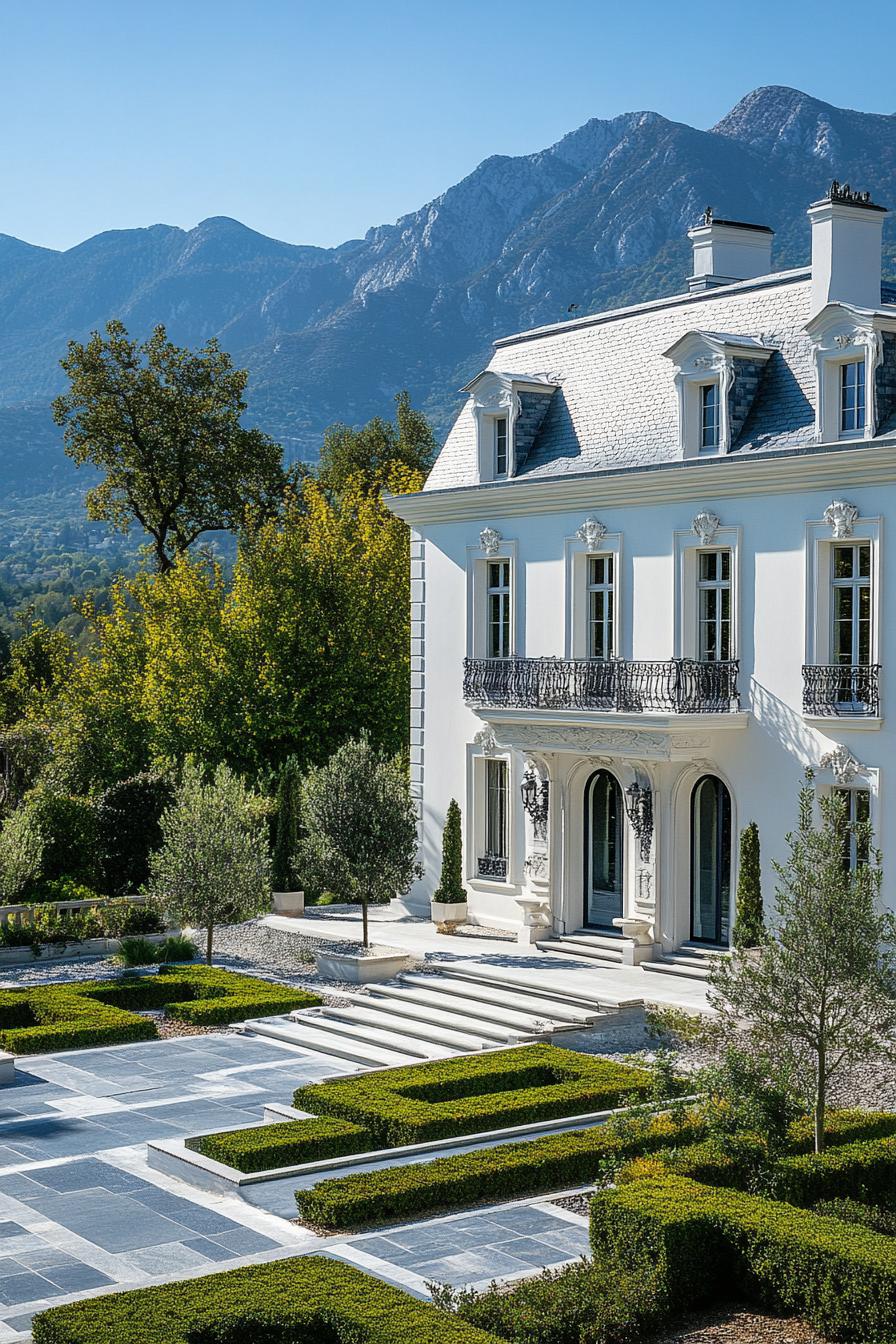 high angle view of French white manor with grey roof facade with detailing large front garden with geometric shrubs and paven paths with steps 1