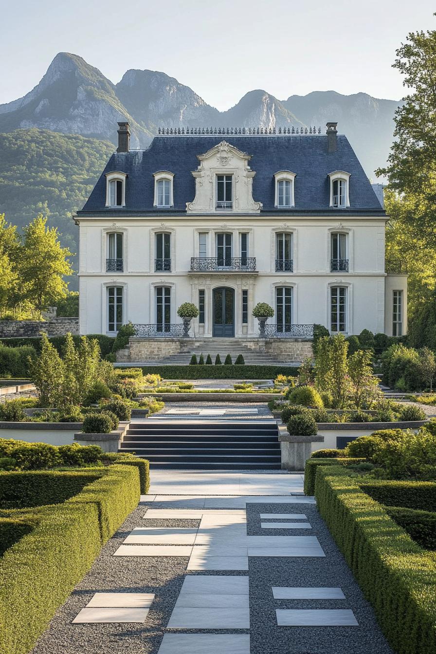 high angle view of French white manor with grey roof facade with detailing large front garden with geometric shrubs and paven paths with steps 2