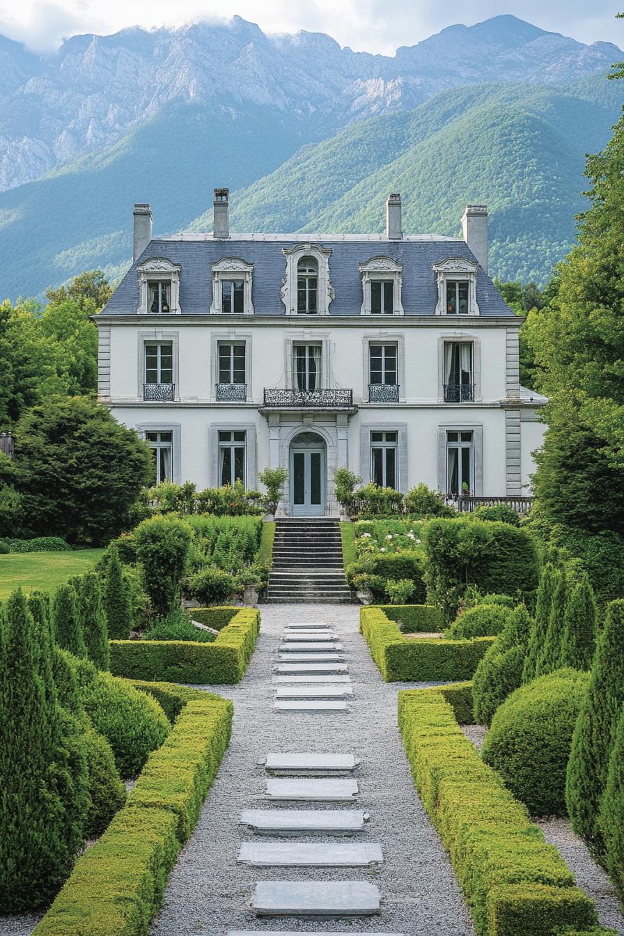 high angle view of French white manor with grey roof facade with detailing large front garden with geometric shrubs and paven paths with steps 3