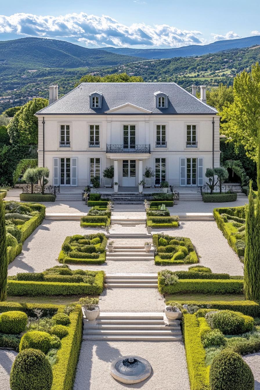 high angle view of French white manor with grey roof facade with detailing large front garden with geometric shrubs and paven paths with steps 4