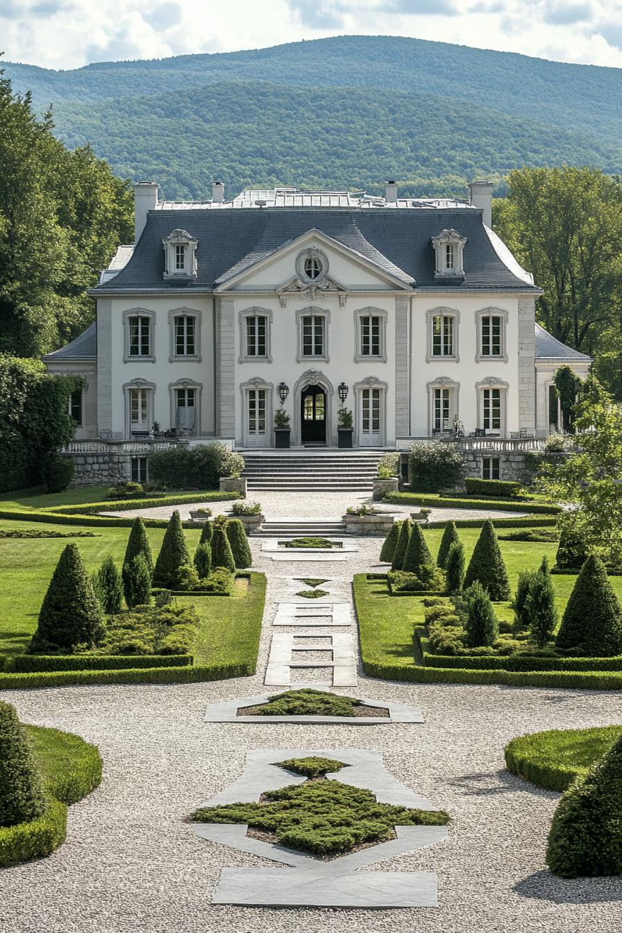 high angle view of French white manor with grey roof facade with detailing large front garden with geometric shrubs and paven paths with steps 5