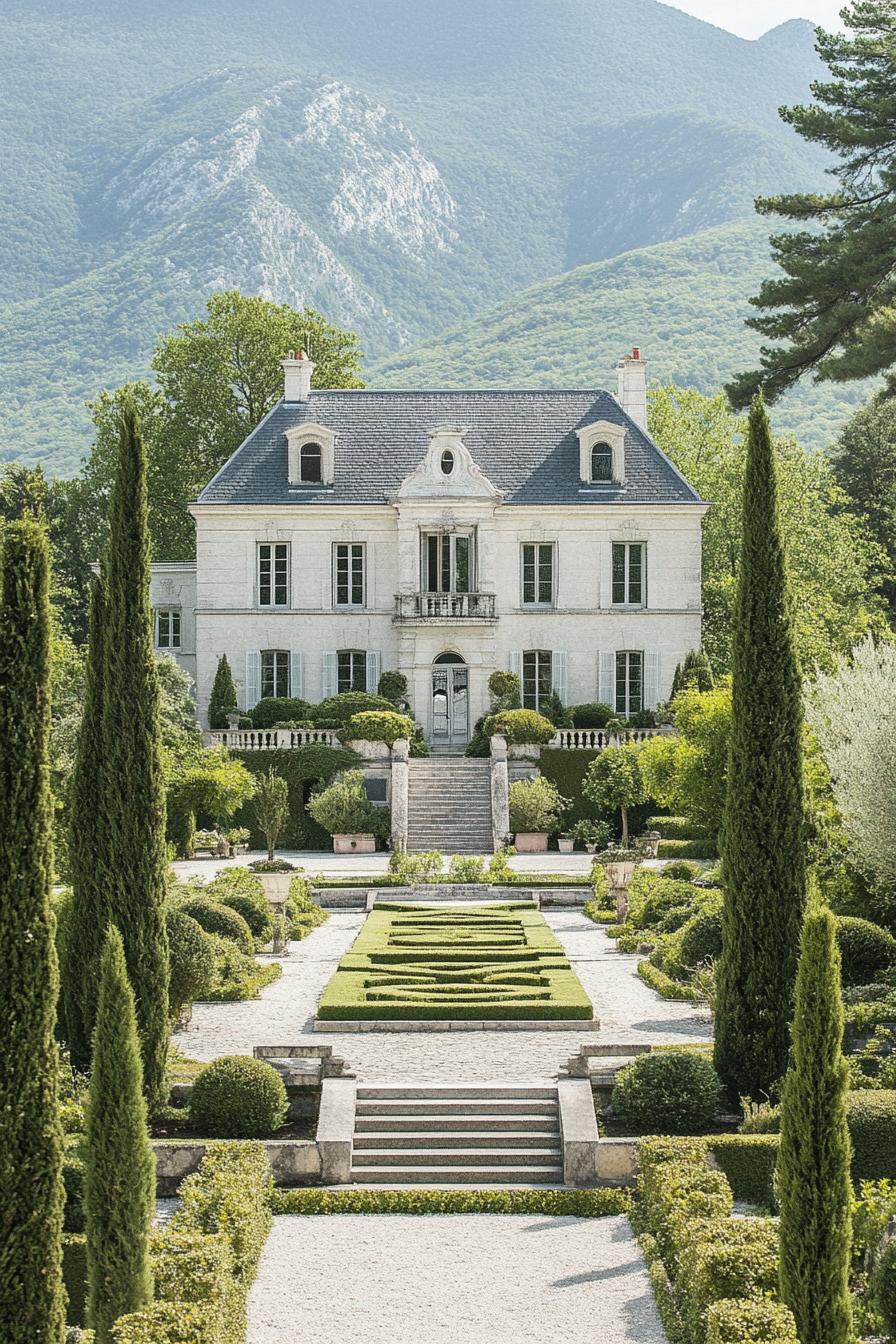 high angle view of French white manor with grey roof facade with detailing large front garden with geometric shrubs and paven paths with steps