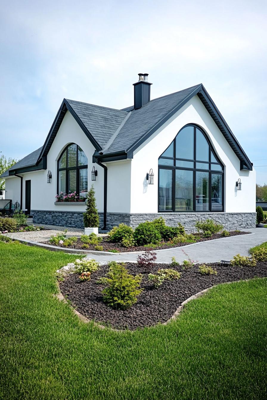 Elegant single-story home with arched windows and manicured garden