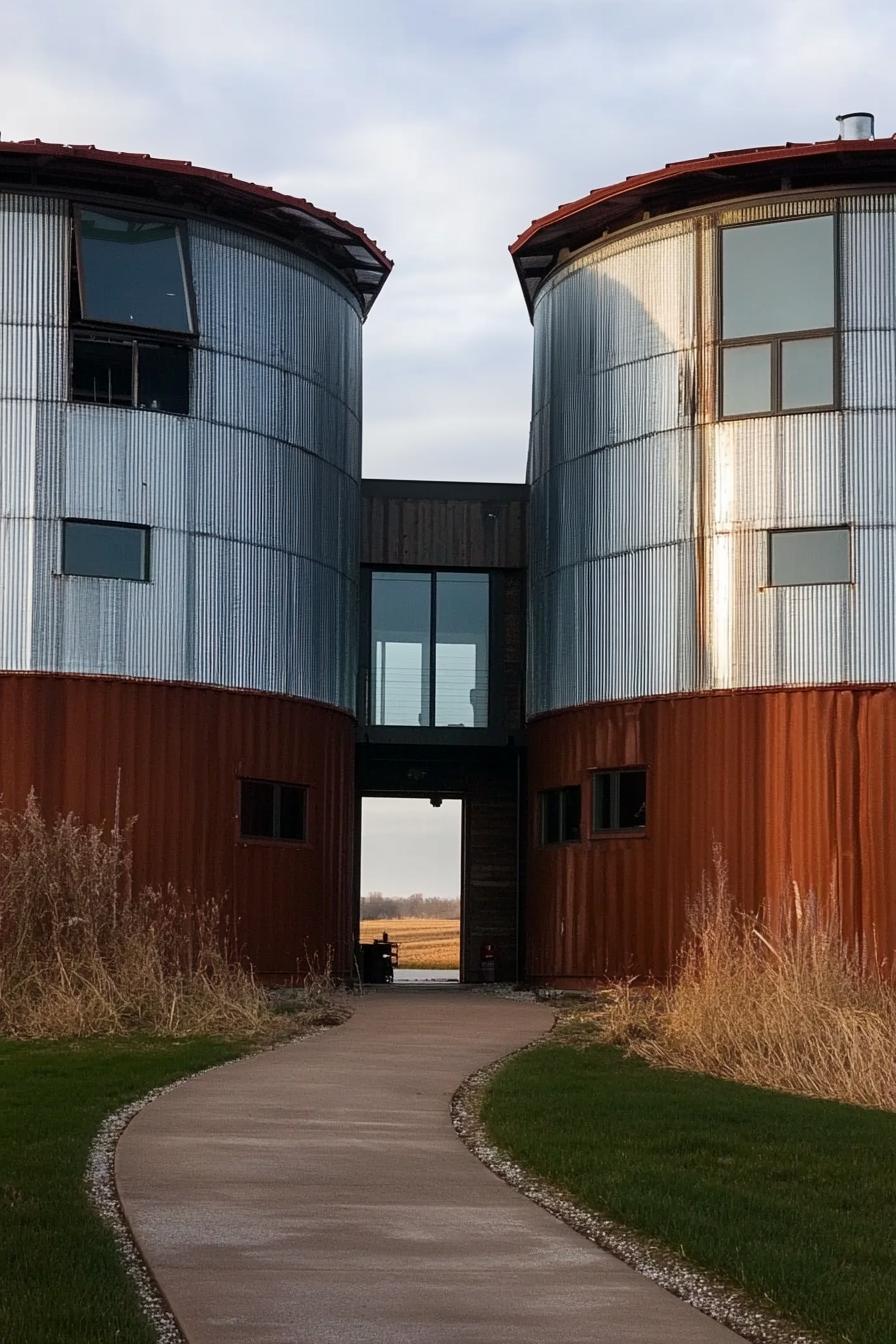 house made of two large grain silos connected with shipping containers the house has modern windows balcony between the silos with outdoor furniture