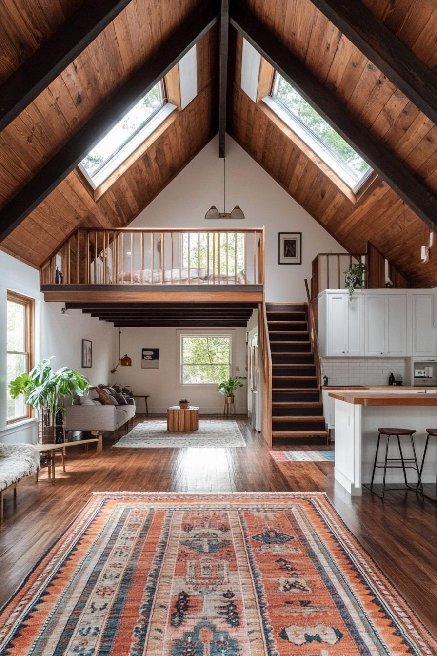 interior of a frame house with high ceiling in dark wood exposed wooden beams white walls kitchen on one side with shaker cabinets living area on 1