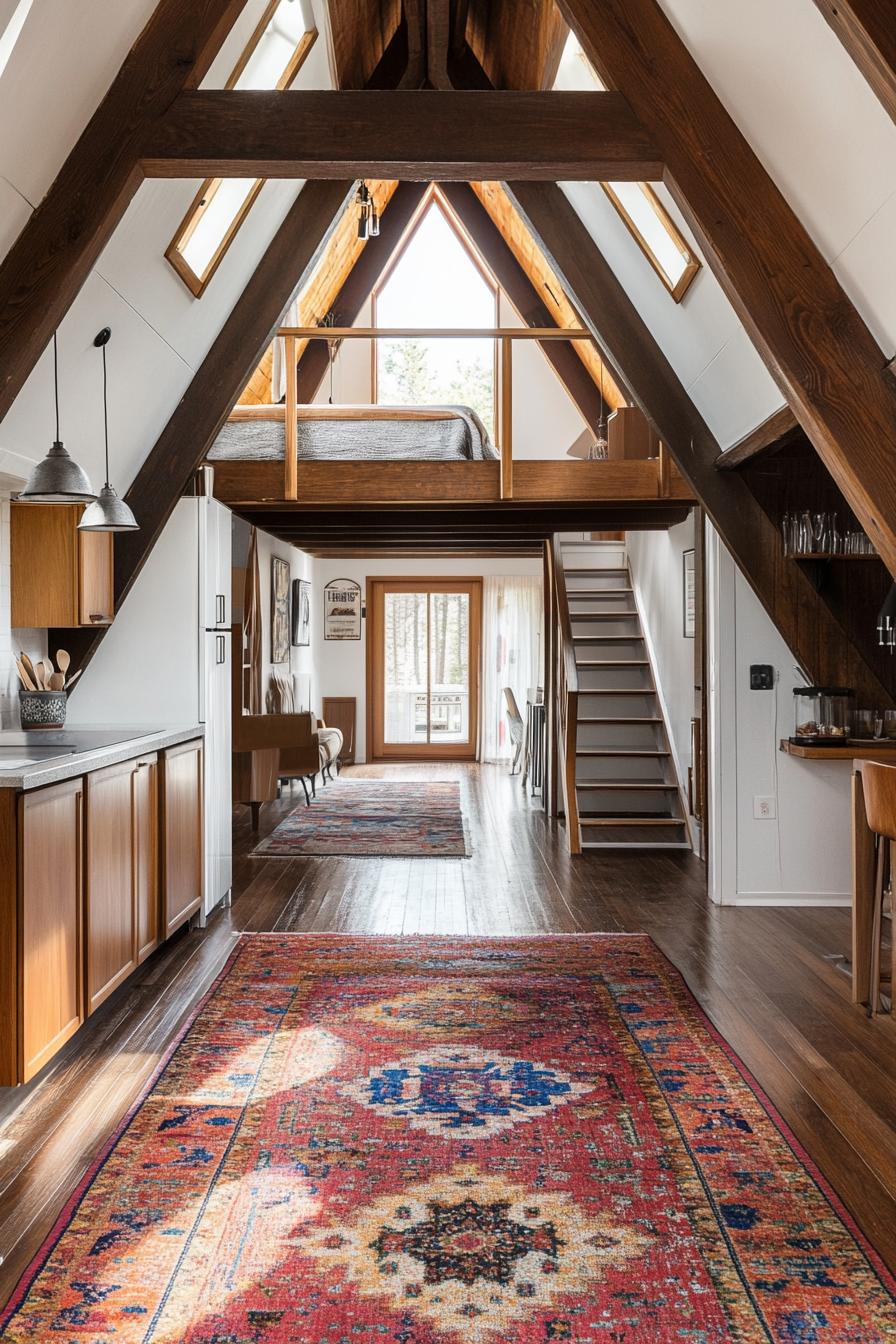 interior of a frame house with high ceiling in dark wood exposed wooden beams white walls kitchen on one side with shaker cabinets living area on 2