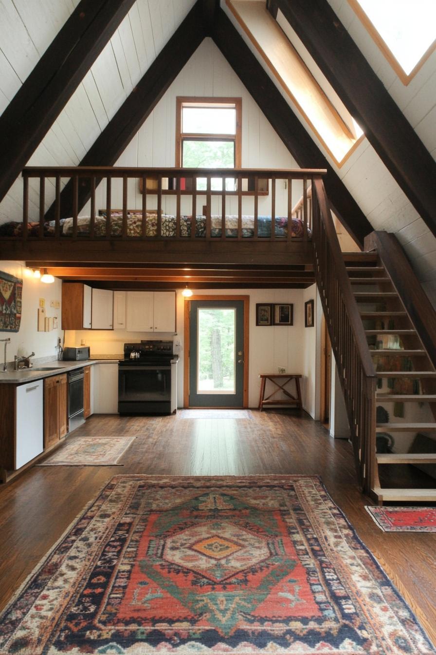 interior of a frame house with high ceiling in dark wood exposed wooden beams white walls kitchen on one side with shaker cabinets living area on