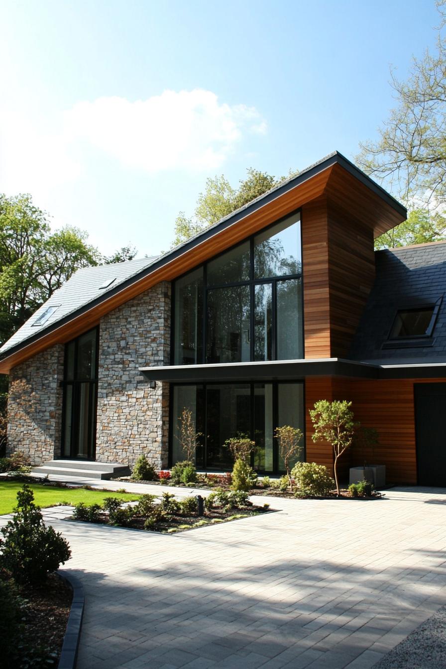 Modern house with stone and wood facade, large windows, and angled roof