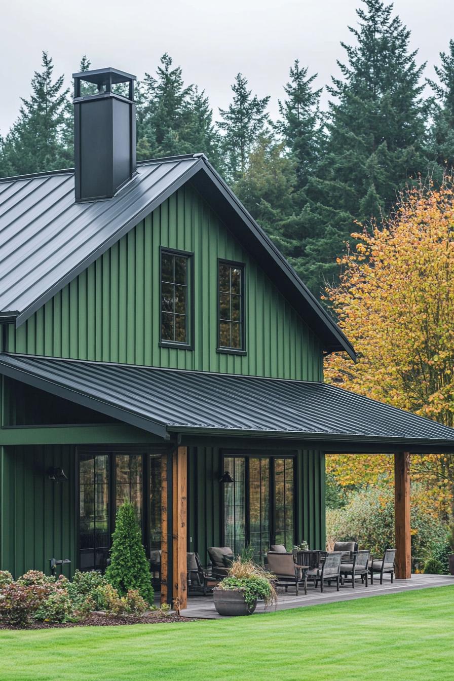 large shouse barndominium with forest green vertical siding black barn roof chimney large covered porch with cedar beams and posts patio with