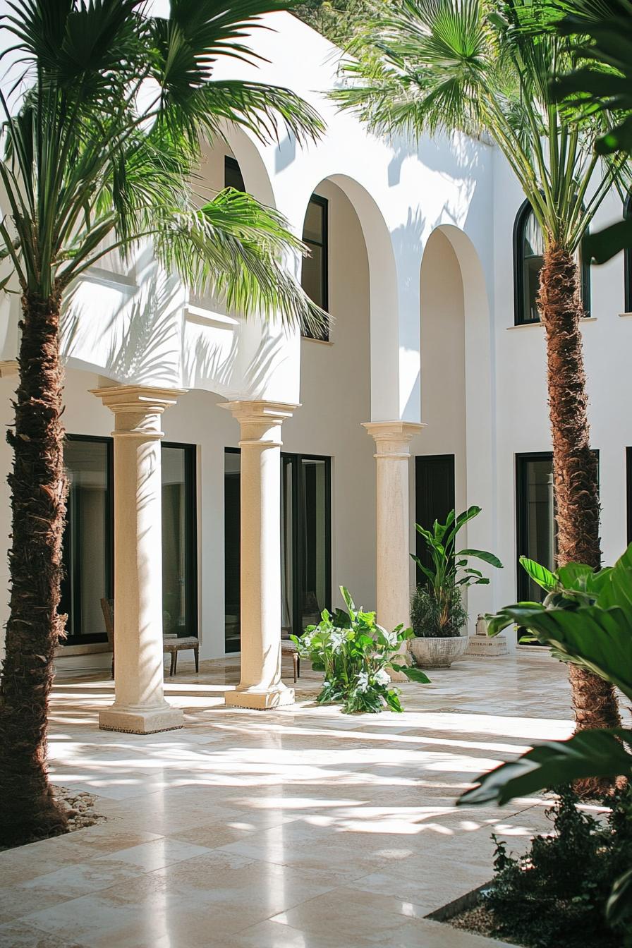 mediterranean house courtyard with arches and columns modern windows limestone pavement tall palms 1