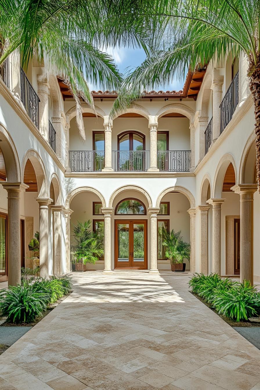 mediterranean house courtyard with arches and columns modern windows limestone pavement tall palms 2