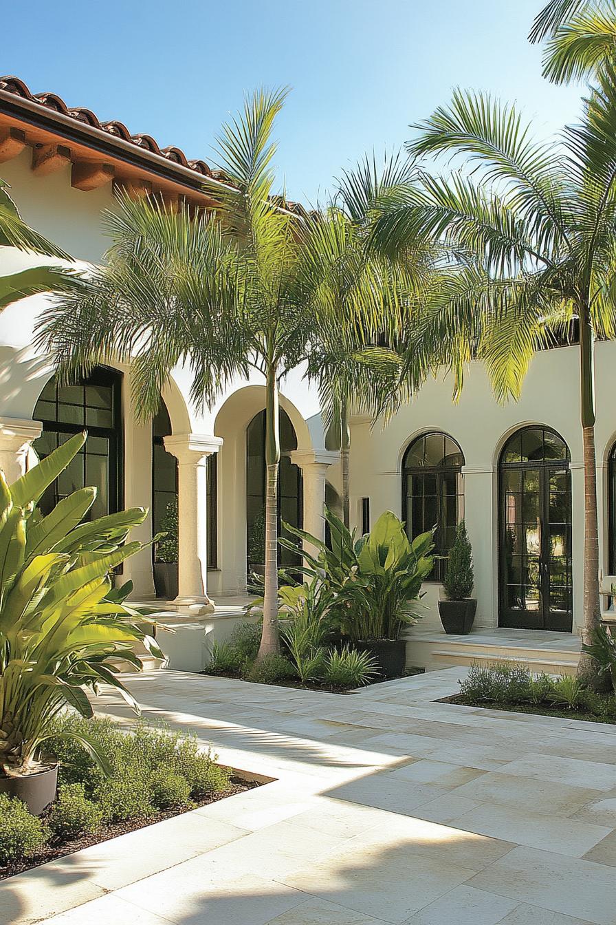 mediterranean house courtyard with arches and columns modern windows limestone pavement tall palms 3