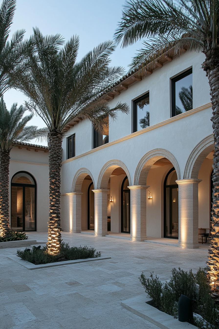 mediterranean house courtyard with arches and columns modern windows limestone pavement tall palms