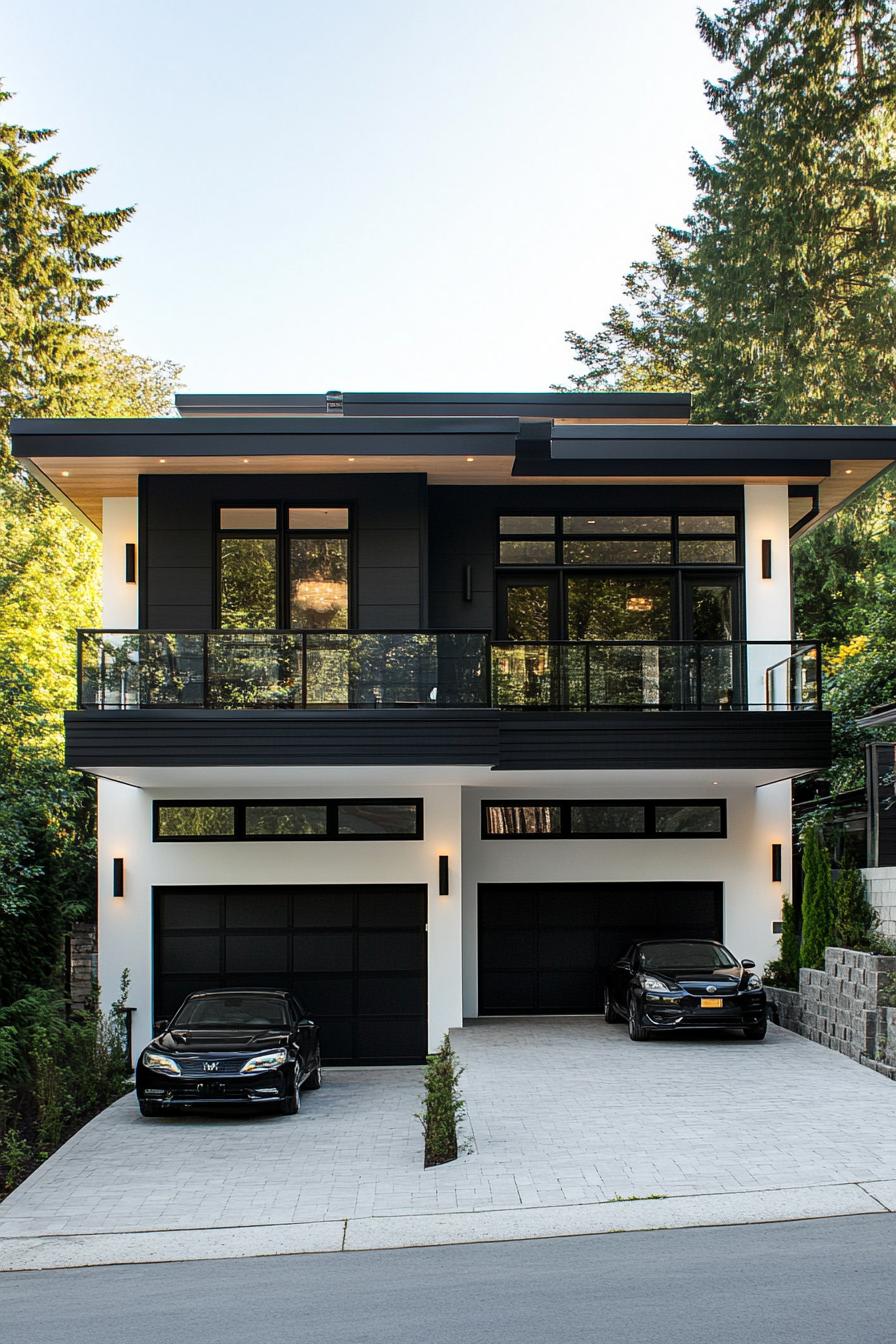 modern blocked black and white house with triple carport rectangular columns large balcony with glass railings large paved front yard