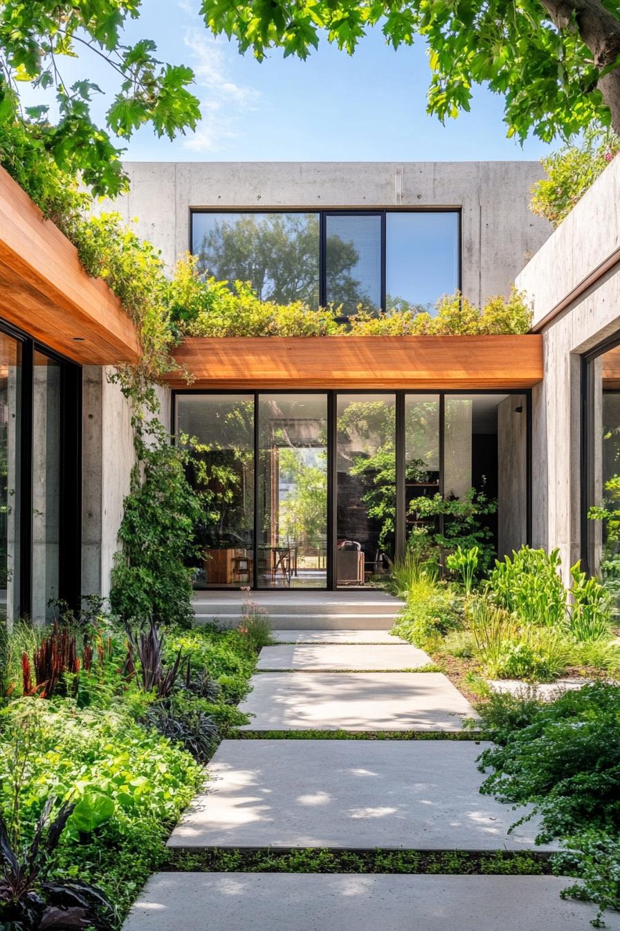 modern concrete and reclaimed wood house courtyard with lush garden large modern windows with wooden frames concrete edges with vines 1