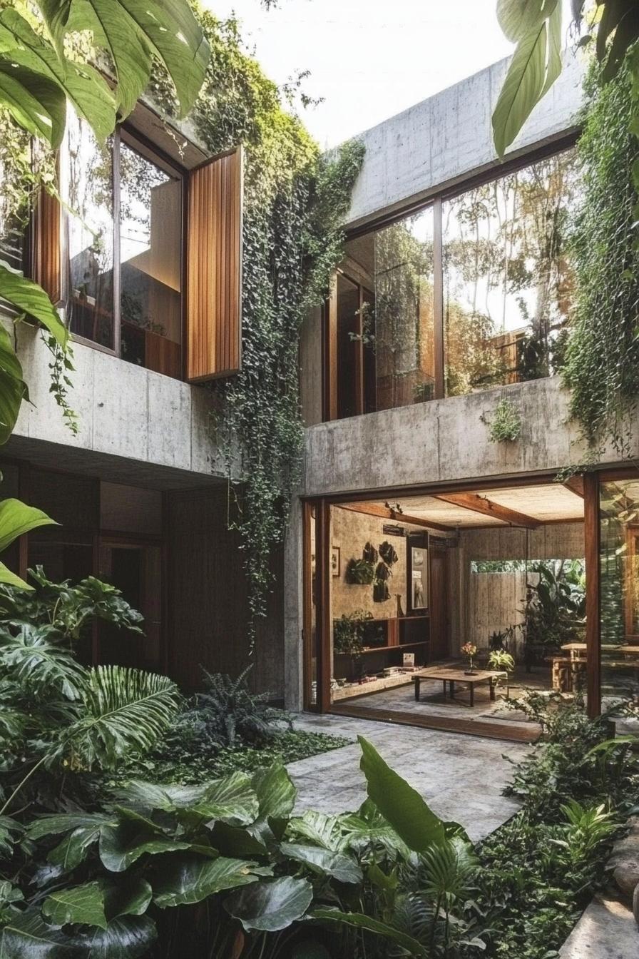 modern concrete and reclaimed wood house courtyard with lush garden large modern windows with wooden frames concrete edges with vines 2