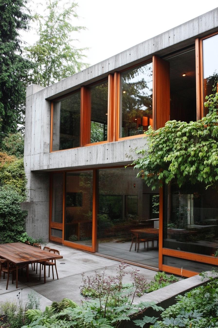 modern concrete and reclaimed wood house courtyard with lush garden large modern windows with wooden frames concrete edges with vines 3