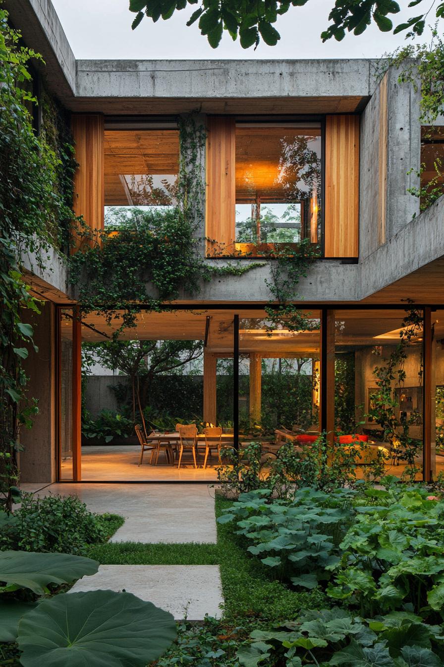 modern concrete and reclaimed wood house courtyard with lush garden large modern windows with wooden frames concrete edges with vines