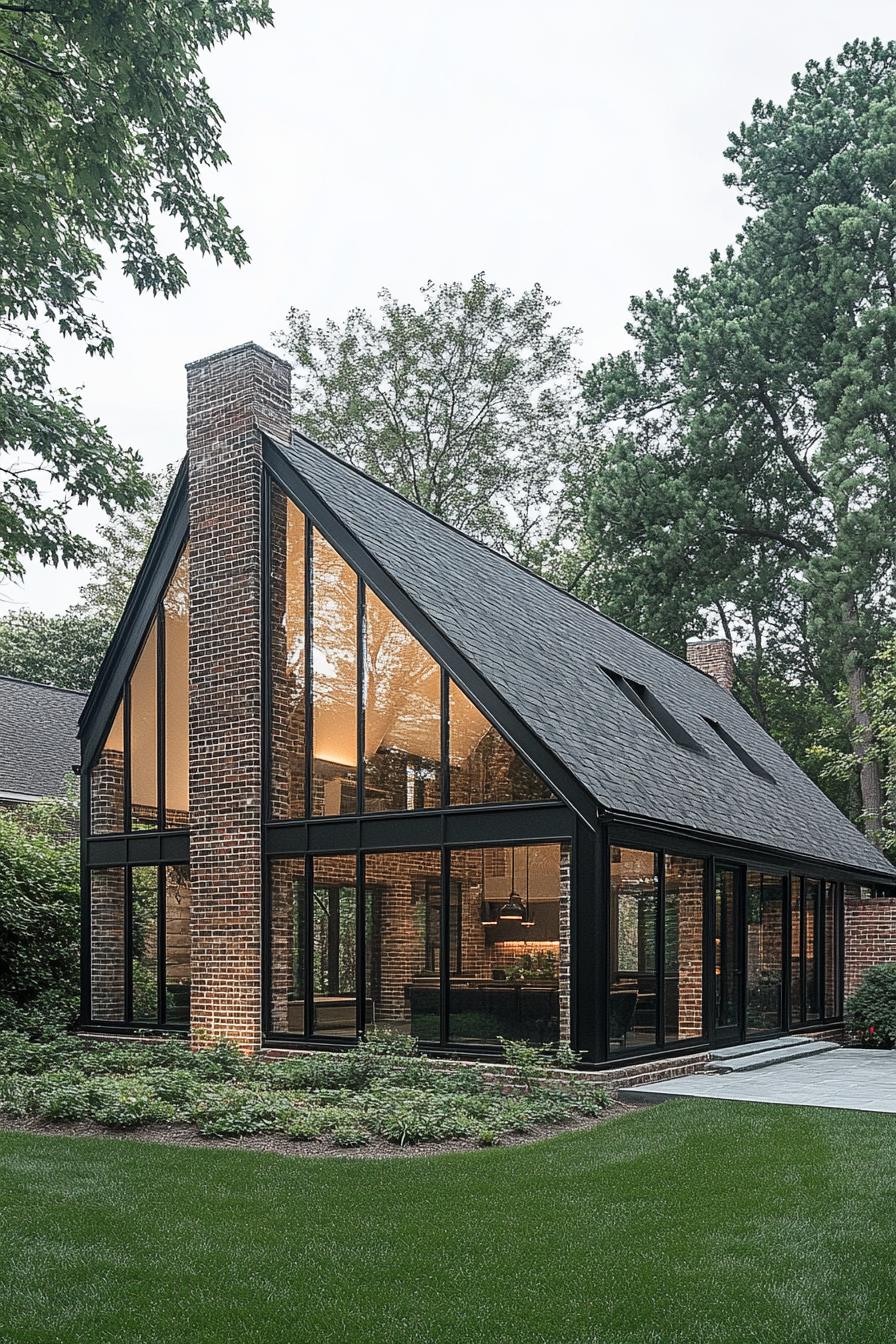 modern european brick cottage with multi pitched gable roof large sunroom section encased in glass modern black trim windows front yard with lawn 1