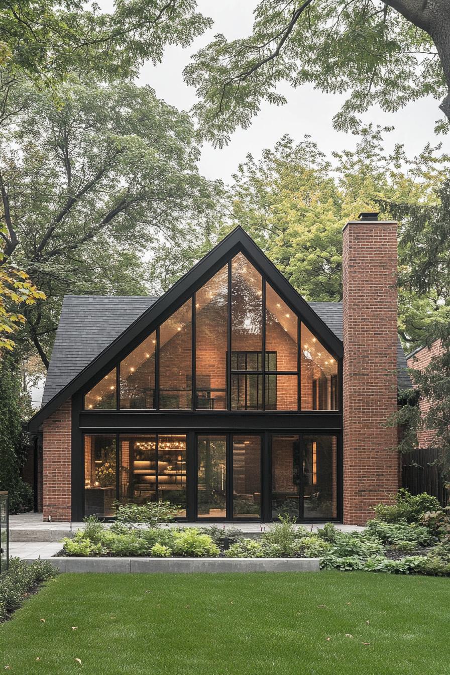 modern european brick cottage with multi pitched gable roof large sunroom section encased in glass modern black trim windows front yard with lawn 2