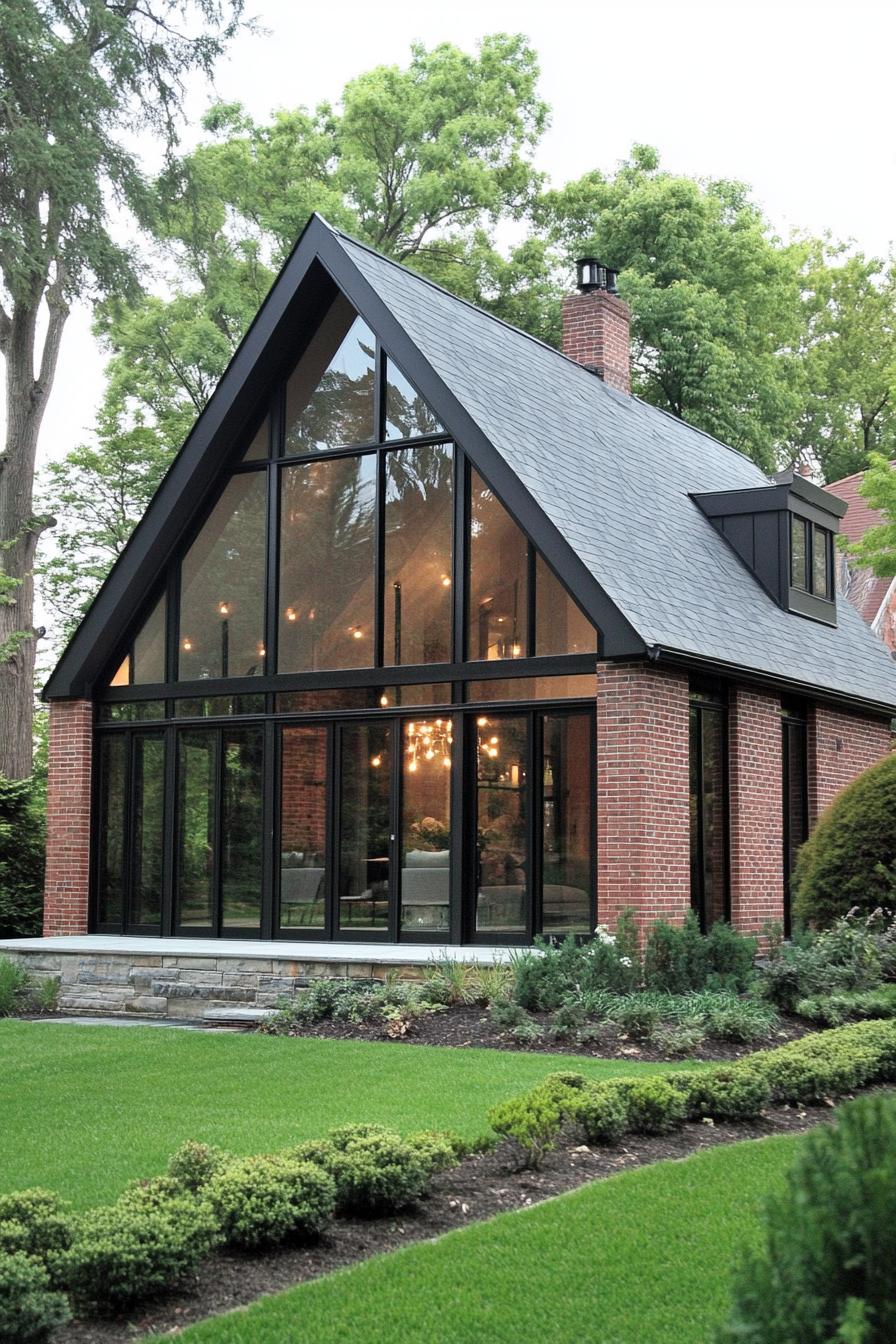 modern european brick cottage with multi pitched gable roof large sunroom section encased in glass modern black trim windows front yard with lawn 3