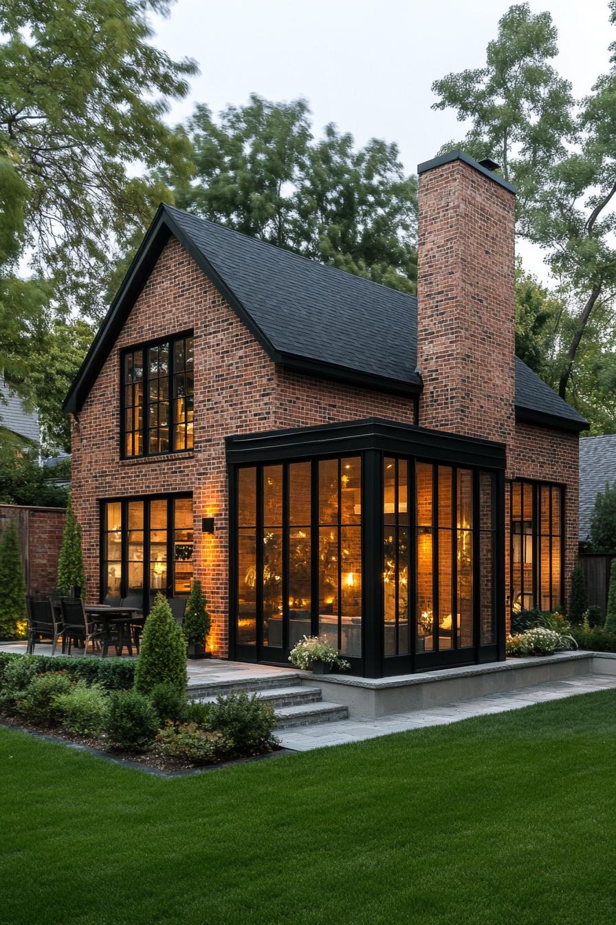 modern european brick cottage with multi pitched gable roof large sunroom section encased in glass modern black trim windows front yard with lawn