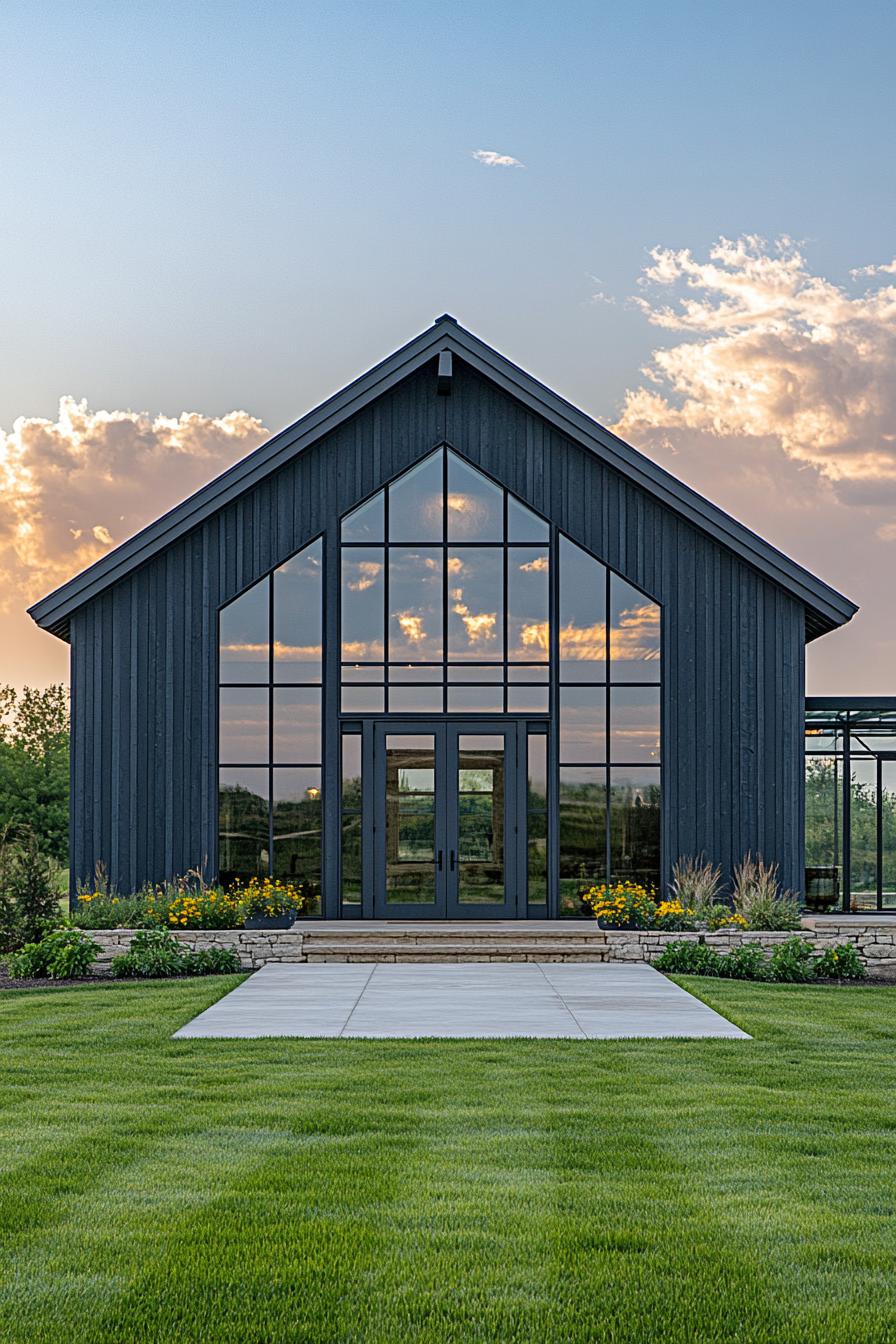 Modern barn house with large windows and lush lawn