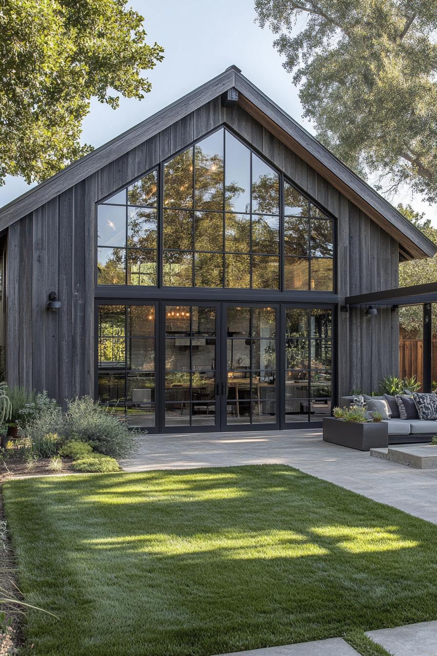 Modern barn house with large glass windows and a cozy lawn