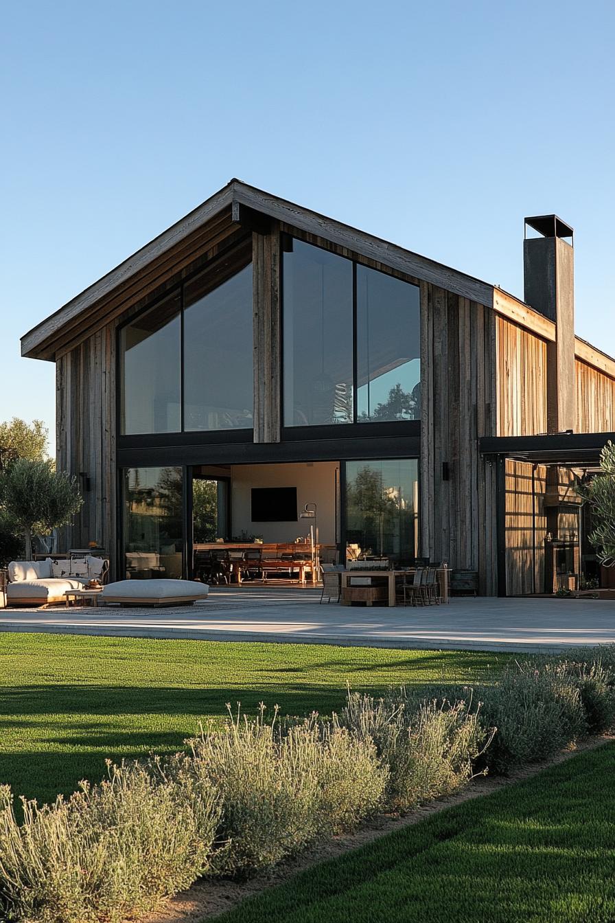 Modern barn with large glass panels and wood siding