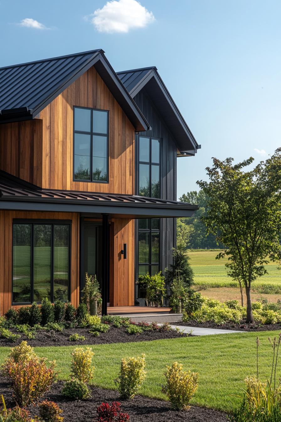 Modern wooden A-frame house with lush green lawn