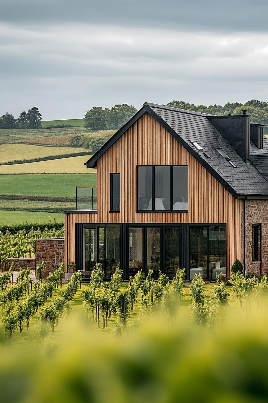 Modern wooden house amidst lush vineyard