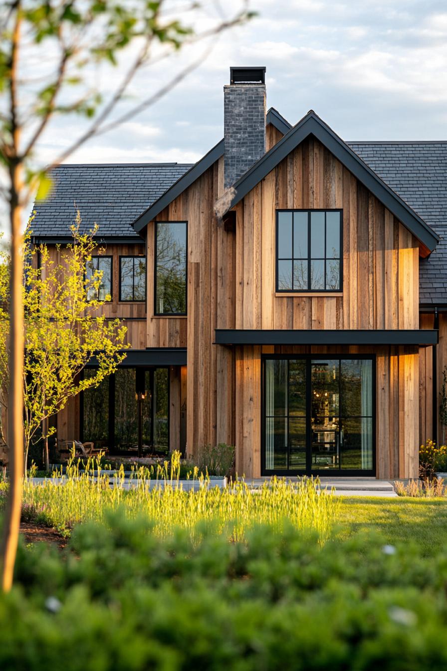 Rustic wooden house with tall glass windows and a slate roof