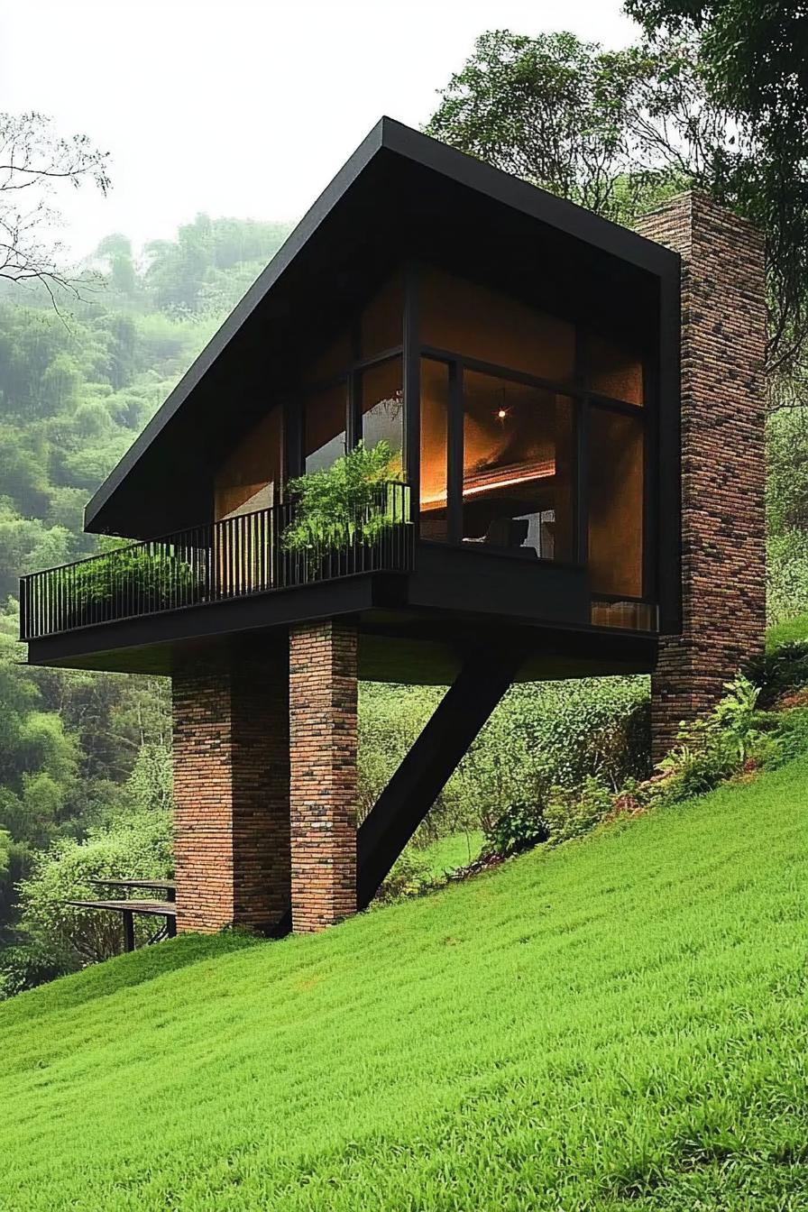 modern geometric cabin house on a steep green hillside slope supported on brick columns it has geometric roof a balcony modern windows 1