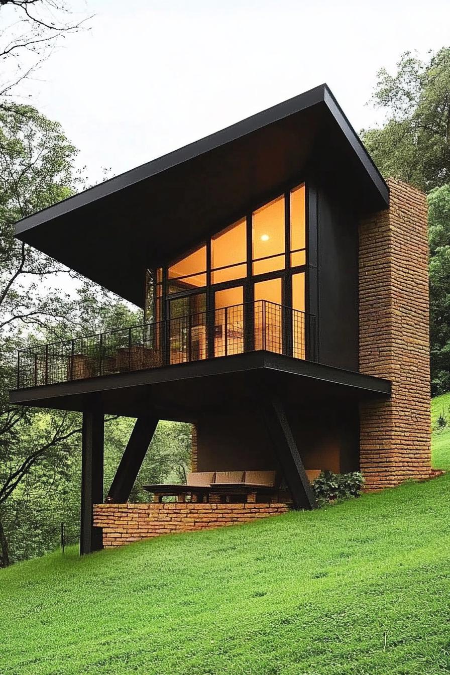 modern geometric cabin house on a steep green hillside slope supported on brick columns it has geometric roof a balcony modern windows