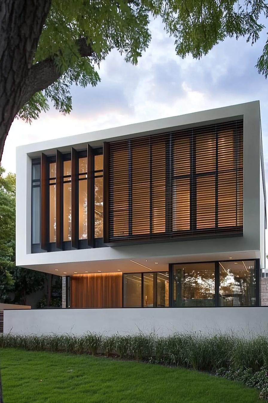 modern house facade architecture with large windows with metal shading panels 1