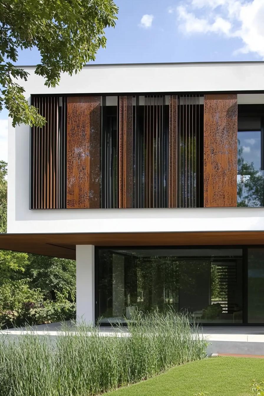 modern house facade architecture with large windows with metal shading panels