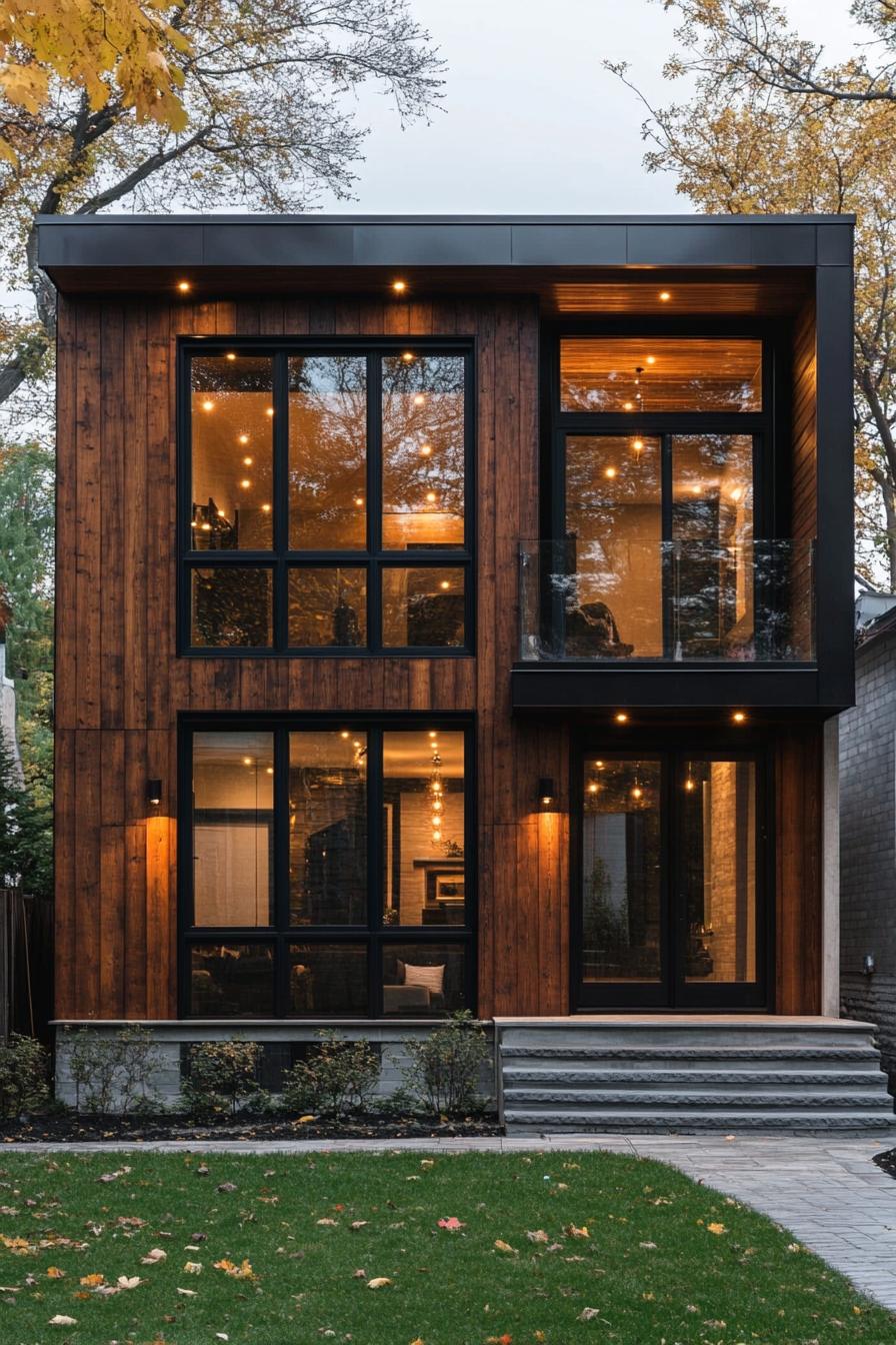 Modern wooden facade with large glass windows