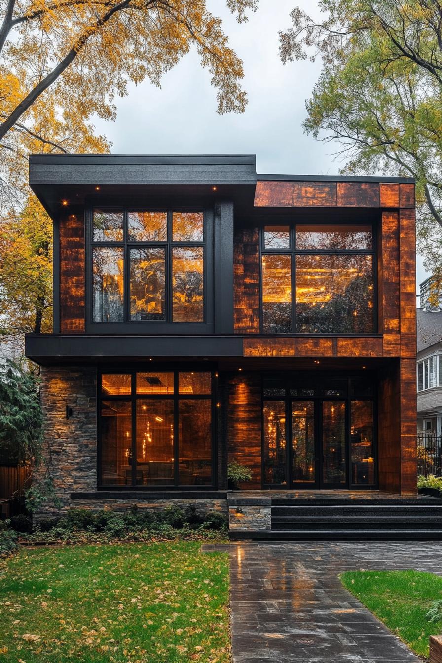 Modern house with a glowing wooden facade and large windows