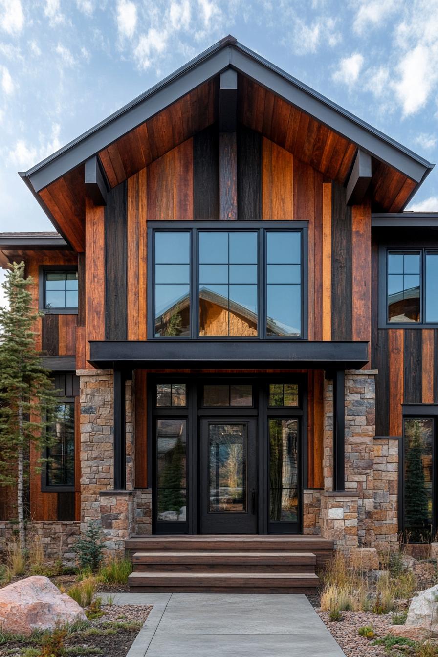 Modern house with wood facade and stone accents