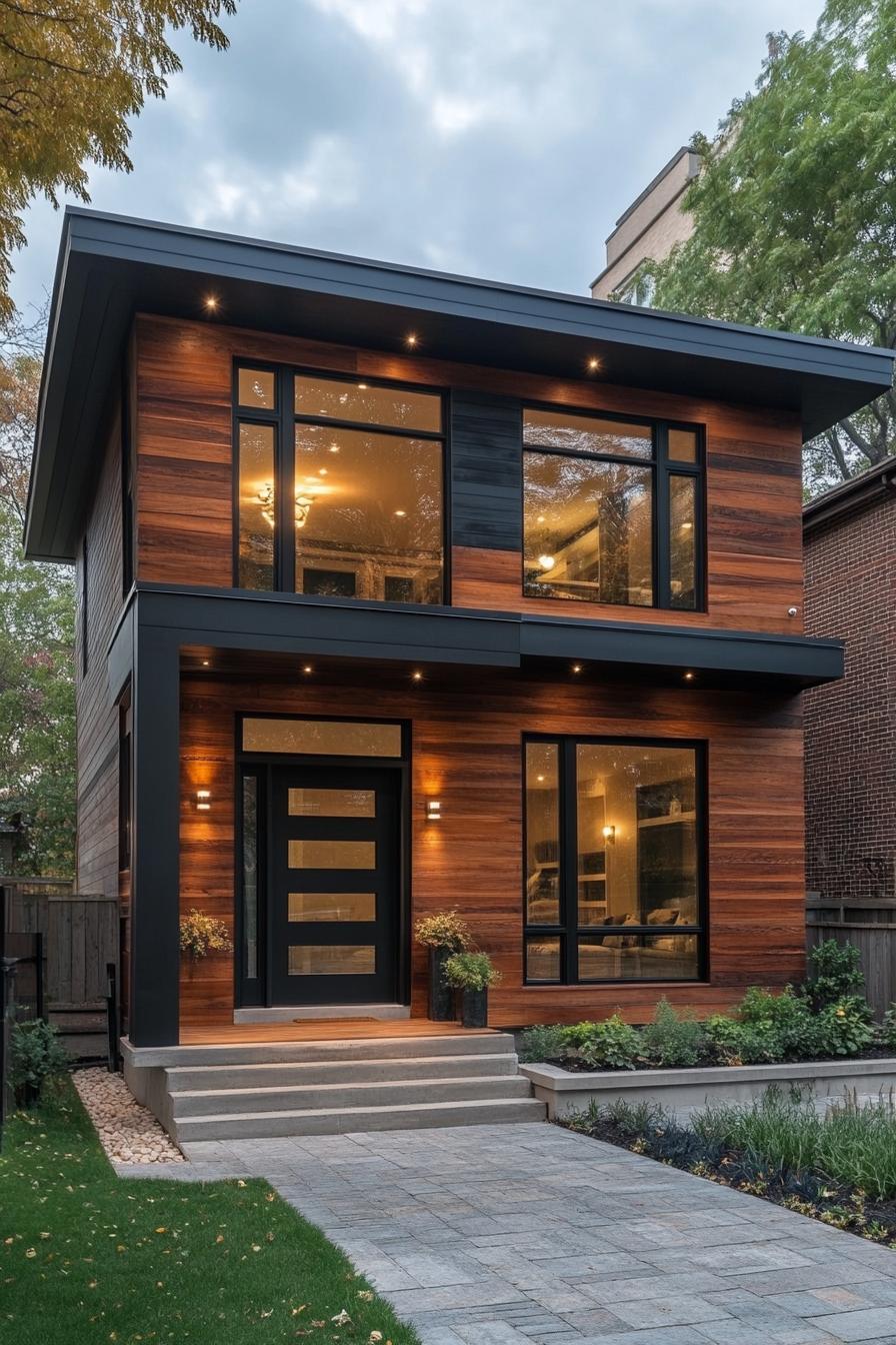 Stylish modern facade with warm wooden panels and large windows