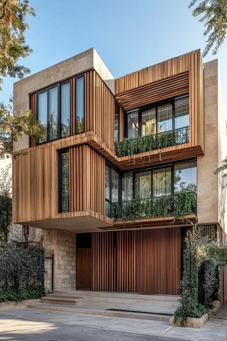 modern house facade with timber gladding and vertical wood slat panels 1