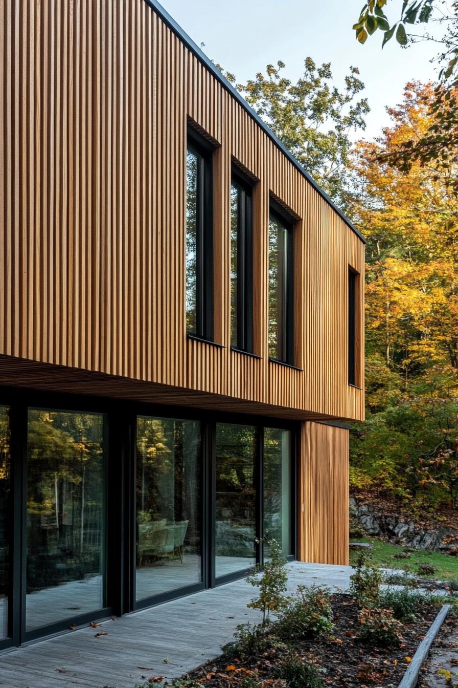 modern house facade with timber gladding and vertical wood slat panels 2