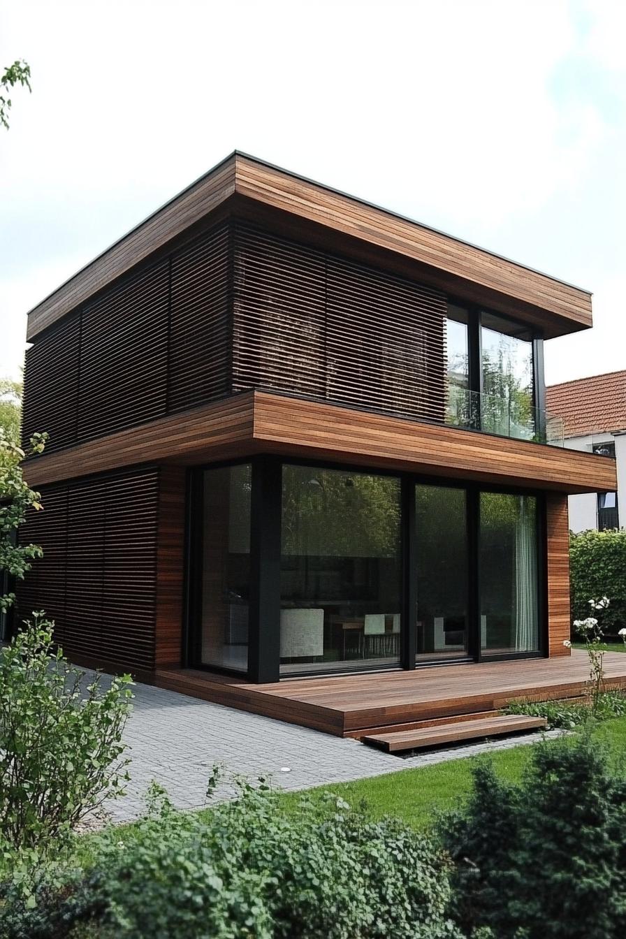 modern house facade with timber gladding and vertical wood slat panels 3