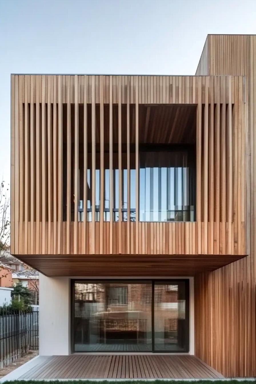 modern house facade with timber gladding and vertical wood slat panels 4