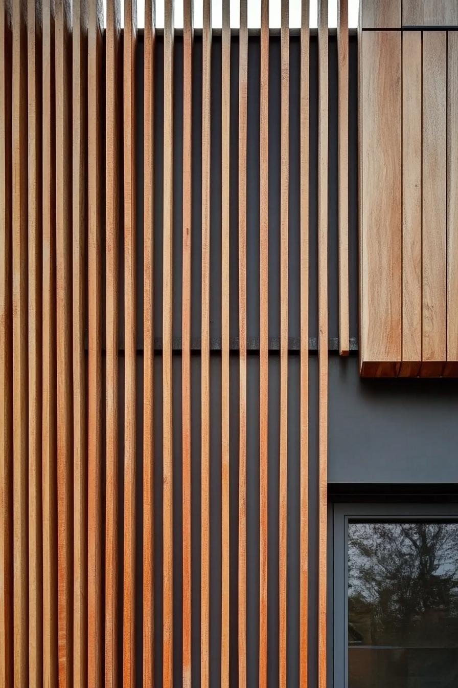 modern house facade with timber gladding and vertical wood slat panels 5