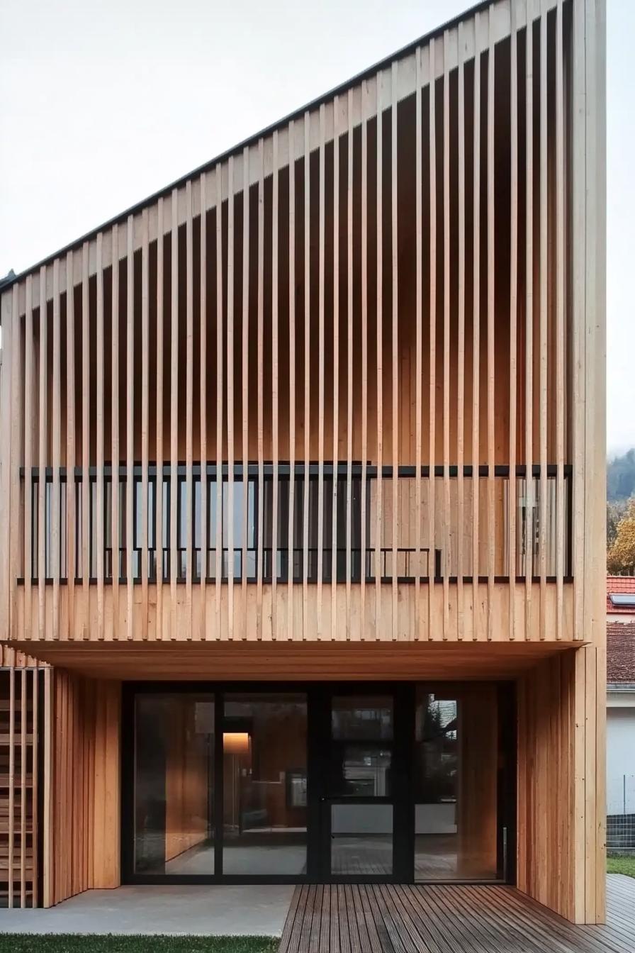 modern house facade with timber gladding and vertical wood slat panels 6