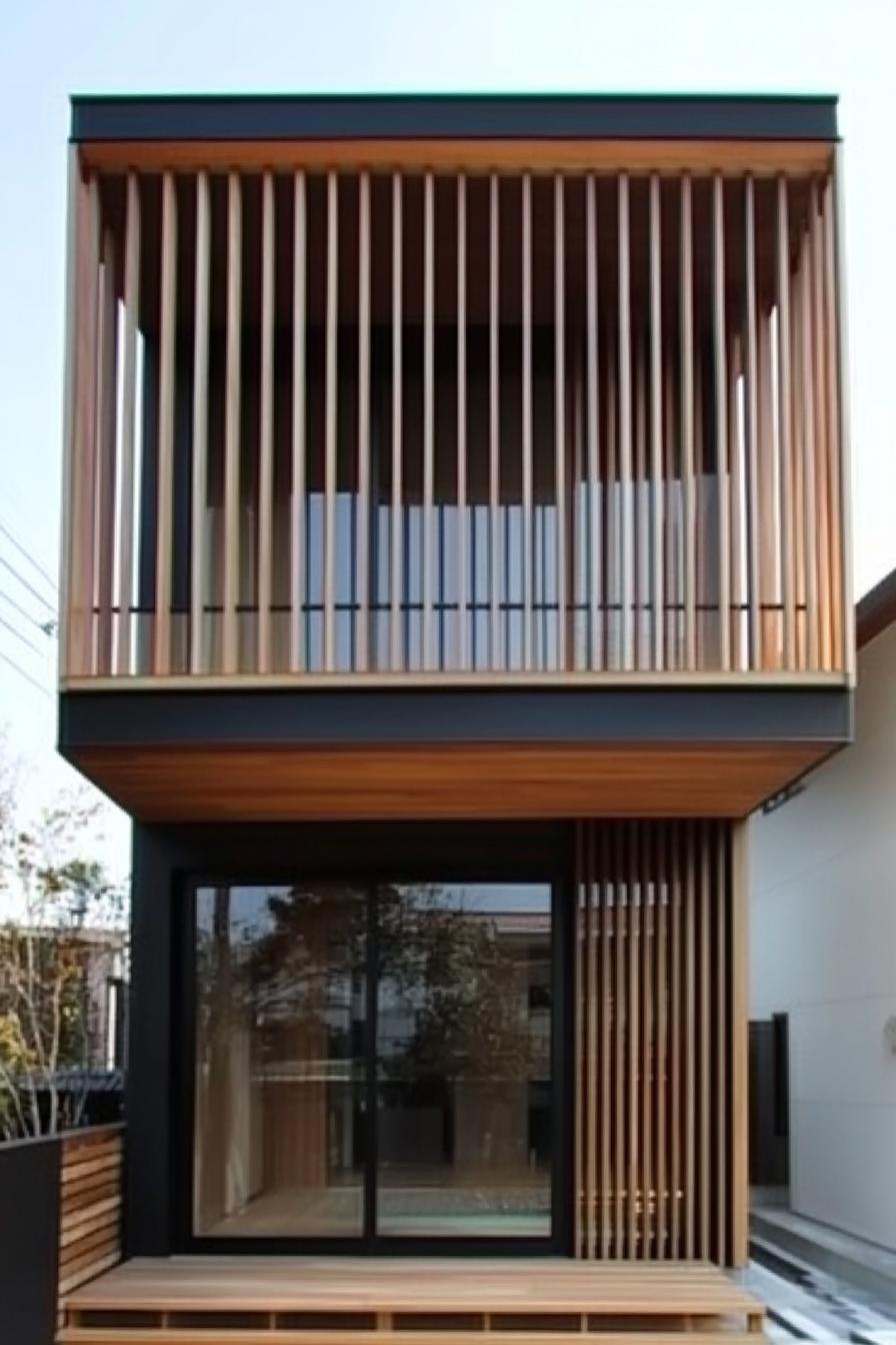 modern house facade with timber gladding and vertical wood slat panels 7